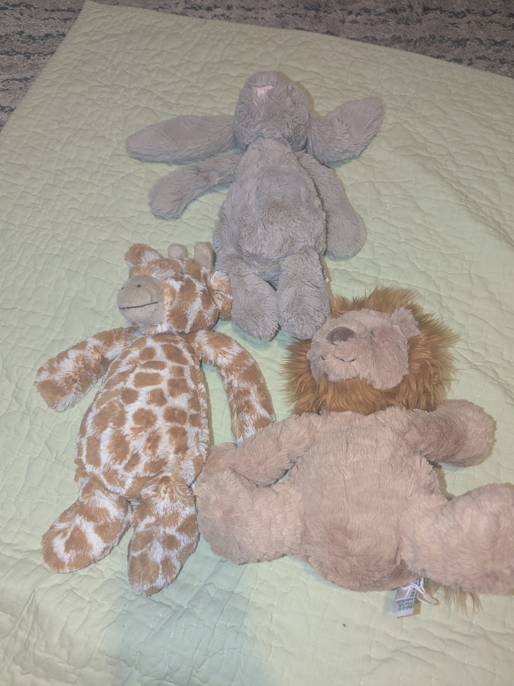 Jellycat Plush Trio - Gray Bunny, Cream & Tan Giraffe, Light Brown Lion